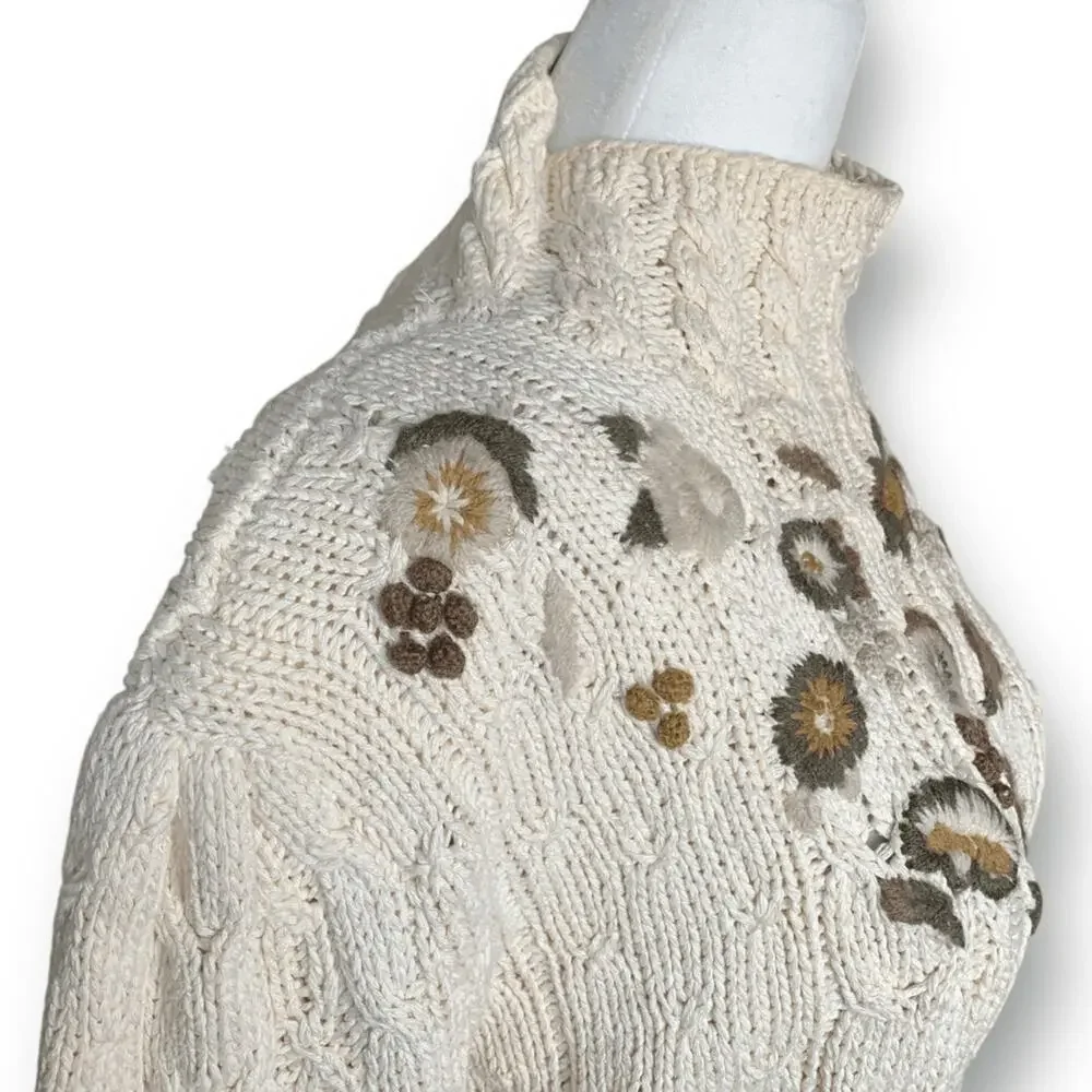 Vintage Liz Claiborne Cream Floral Cable Knit Chunky Sweater 90s Cottage Botanic